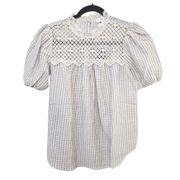 NWT Mine Womens White Plaid Lace Top Size M Blouse - Picture 4 of 4